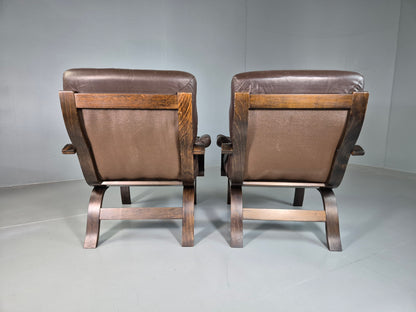 EB7285 2 Vintage Danish Lounge Chairs Brown Leather Bentwood 1980 Retro MCM MBEN