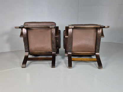 EB7285 2 Vintage Danish Lounge Chairs Brown Leather Bentwood 1980 Retro MCM MBEN