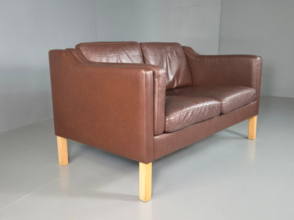 EB7303 Vintage Danish 2 Seat Sofa Brown Leather Mogensen Style Retro MCM M2SS