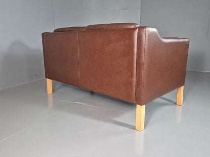 EB7303 Vintage Danish 2 Seat Sofa Brown Leather Mogensen Style Retro MCM M2SS