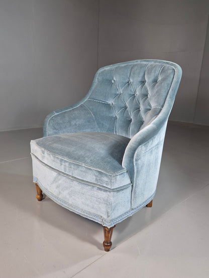 EB7305 Vintage Danish Tub Chair Blue Cotton Velour Antique style Retro VCLO