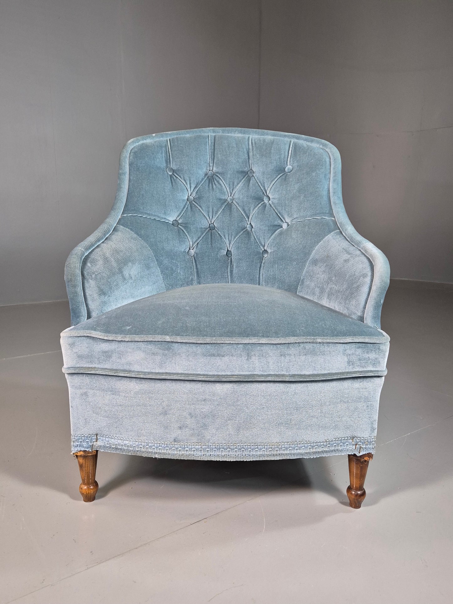 EB7305 Vintage Danish Tub Chair Blue Cotton Velour Antique style Retro VCLO