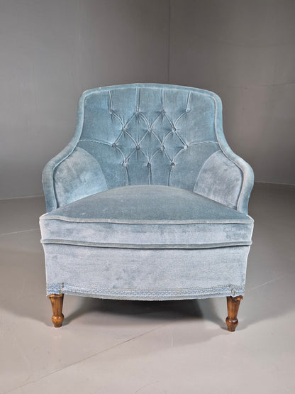 EB7305 Vintage Danish Tub Chair Blue Cotton Velour Antique style Retro VCLO