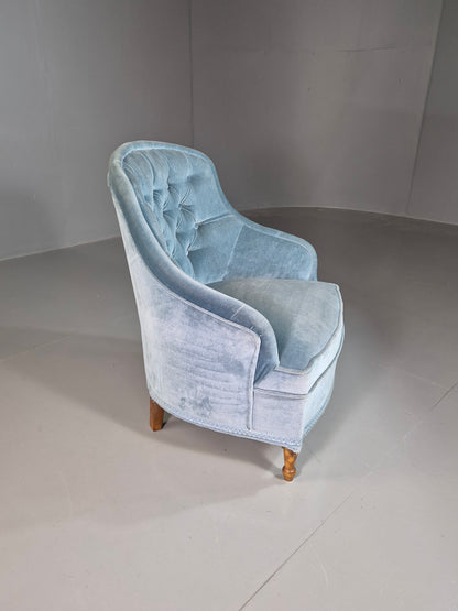 EB7305 Vintage Danish Tub Chair Blue Cotton Velour Antique style Retro VCLO