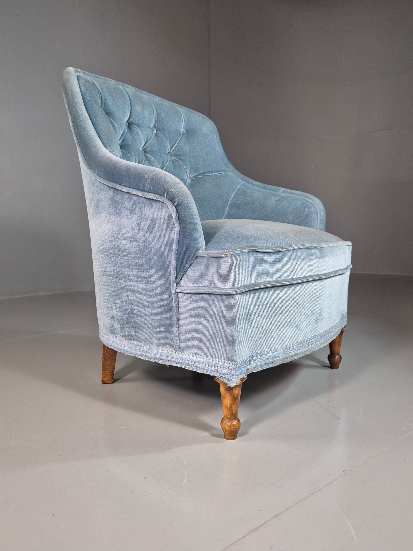 EB7305 Vintage Danish Tub Chair Blue Cotton Velour Antique style Retro VCLO