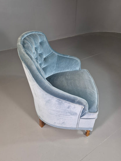 EB7305 Vintage Danish Tub Chair Blue Cotton Velour Antique style Retro VCLO