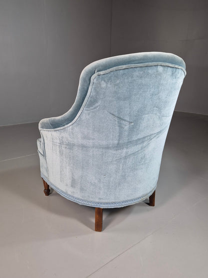 EB7305 Vintage Danish Tub Chair Blue Cotton Velour Antique style Retro VCLO