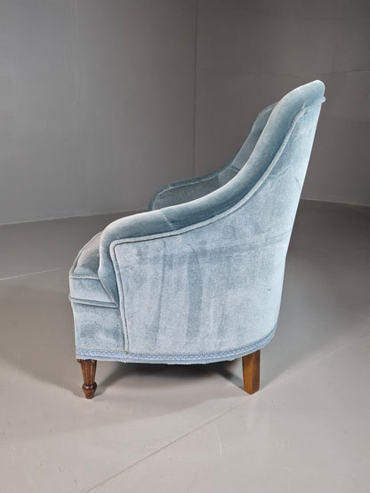 EB7305 Vintage Danish Tub Chair Blue Cotton Velour Antique style Retro VCLO