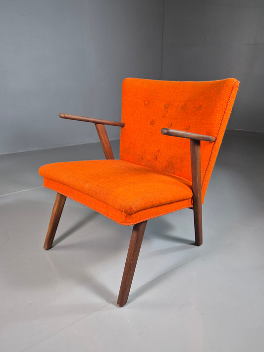 EB7243 Vintage Danish Lounge Chair Orange Wool Teak Frame Retro Mcm 1960s MNOR