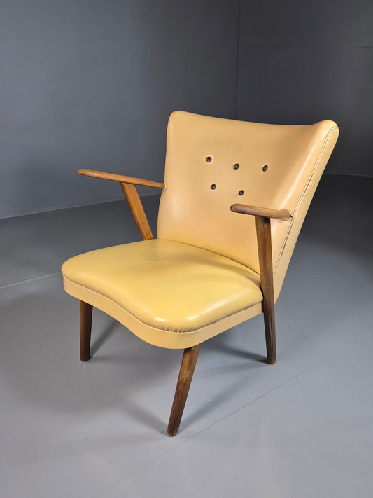 EB7247 Vintage Danish Lounge Chair Yellow Vinyl Teak Frame Retro MCM 1960s MNOR