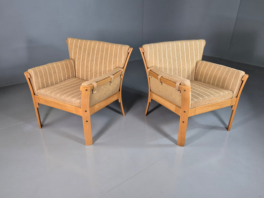 EB7201  2 Vintage Danish Lounge Chairs Beige Wool Bewech Bentwood Retro MCM MNOR