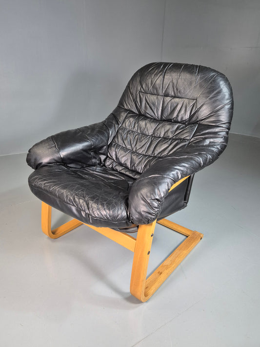 EB7229 Vintage Danish Lounge Chair Black Leather Bentwood Cantilever Retro MNOR