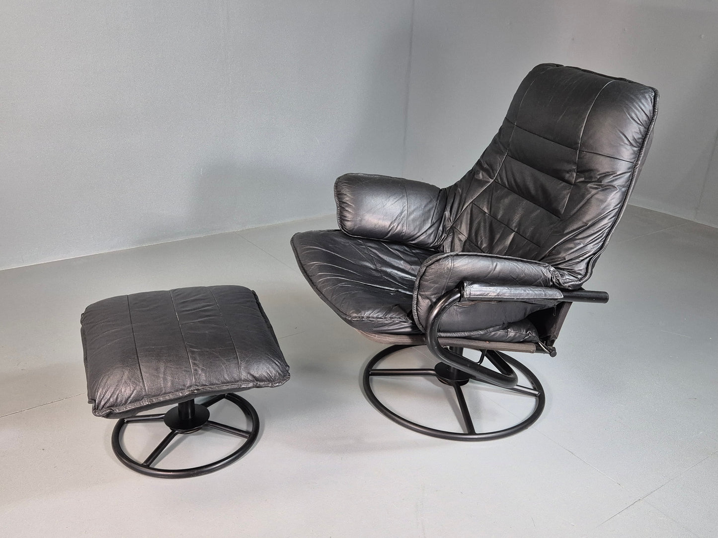 EB7241 Vintage Danish Swivel Chair and Footstool Black Leather  Retro 1980s MSWI