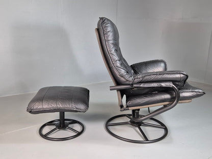 EB7241 Vintage Danish Swivel Chair and Footstool Black Leather  Retro 1980s MSWI