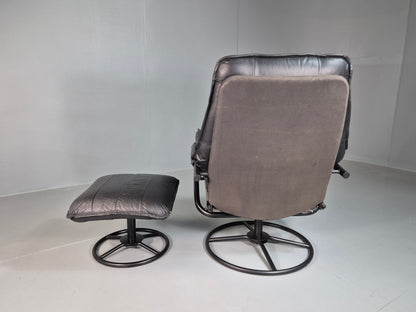 EB7241 Vintage Danish Swivel Chair and Footstool Black Leather  Retro 1980s MSWI