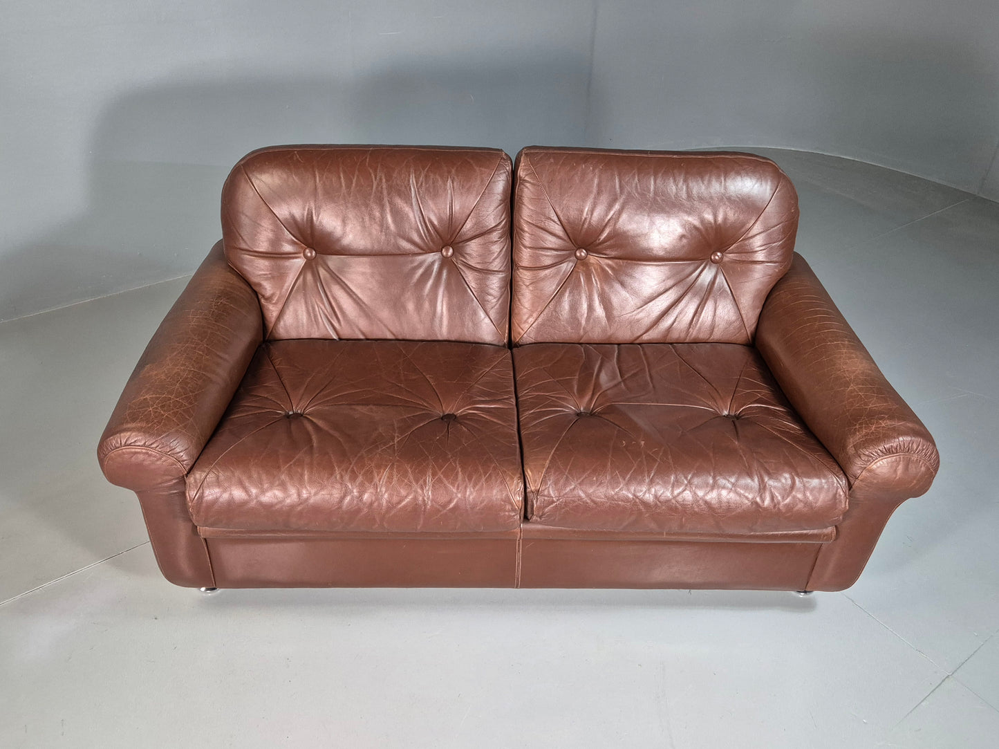 EB7289 Vintage Danish 2 Seat Sofa Brown Leather Thams Retro 1970s MCM M2SS