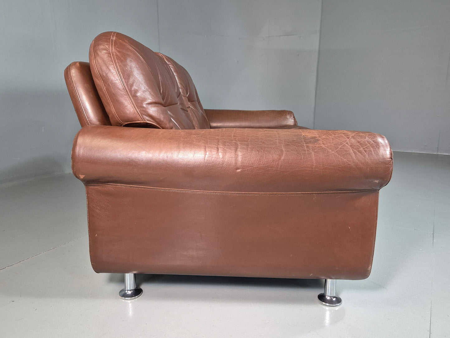 EB7289 Vintage Danish 2 Seat Sofa Brown Leather Thams Retro 1970s MCM M2SS