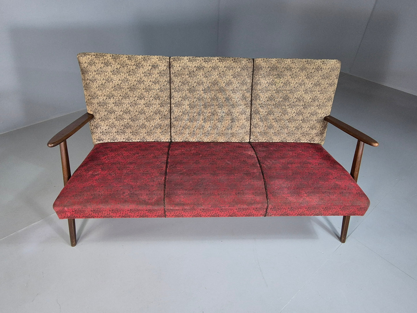 EB7324 Vintage Danish Three Seat Sofa Moquette Teak Frame Retro MCM  M3SS