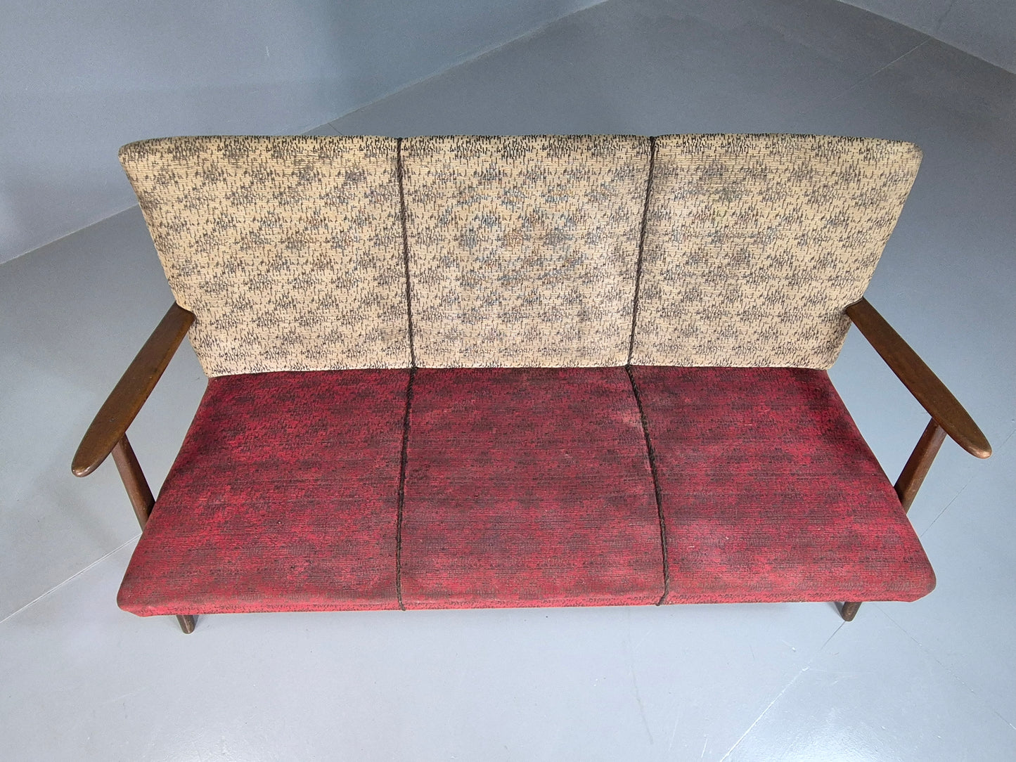 EB7324 Vintage Danish Three Seat Sofa Moquette Teak Frame Retro MCM  M3SS