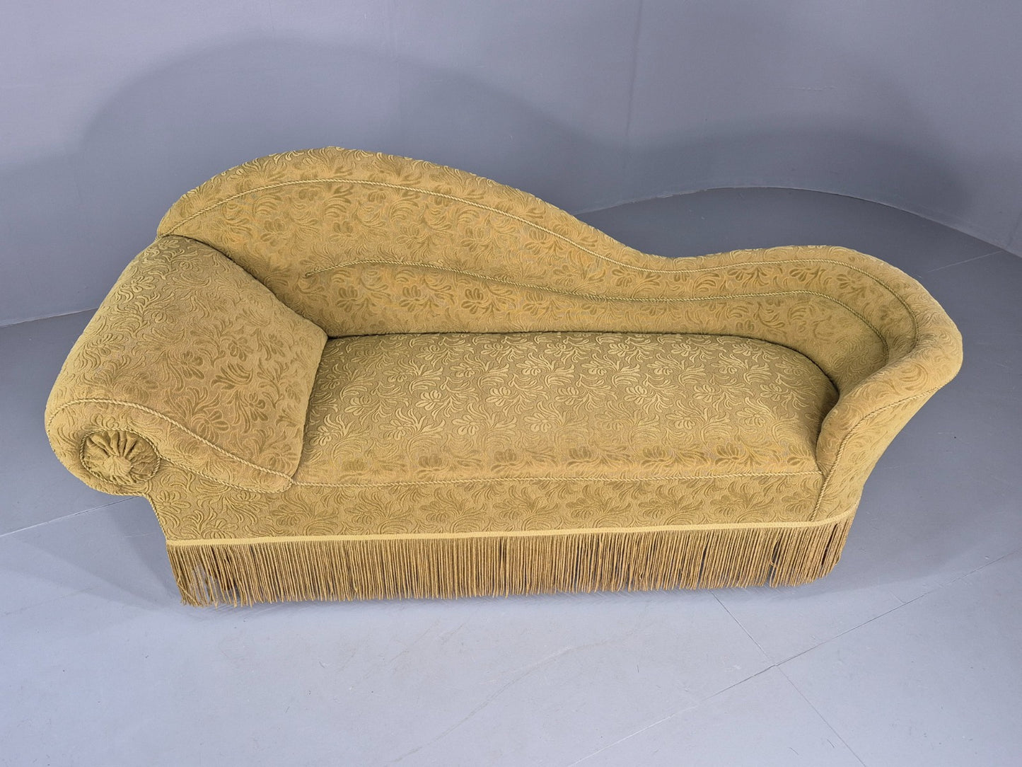 Vintage Danish Art Deco Chaise Lounge Green Moquette Tassels and Curves EB12765