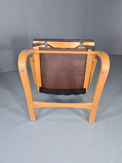 Vintage 1970s Danish Lounge Chair Black Leather and Bentwood MCM Retro EB13082