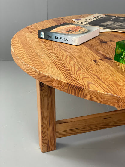 Vintage Coffee Table Round Solid Pine Swedish 1970s Wilhelmsson Style EB11177