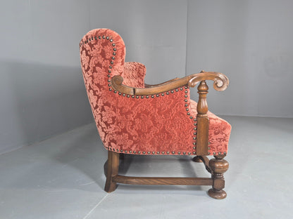 Vintage 3 Seater Sofa Danish Baroque Revival Pink Floral Moquette 1950s EB12698