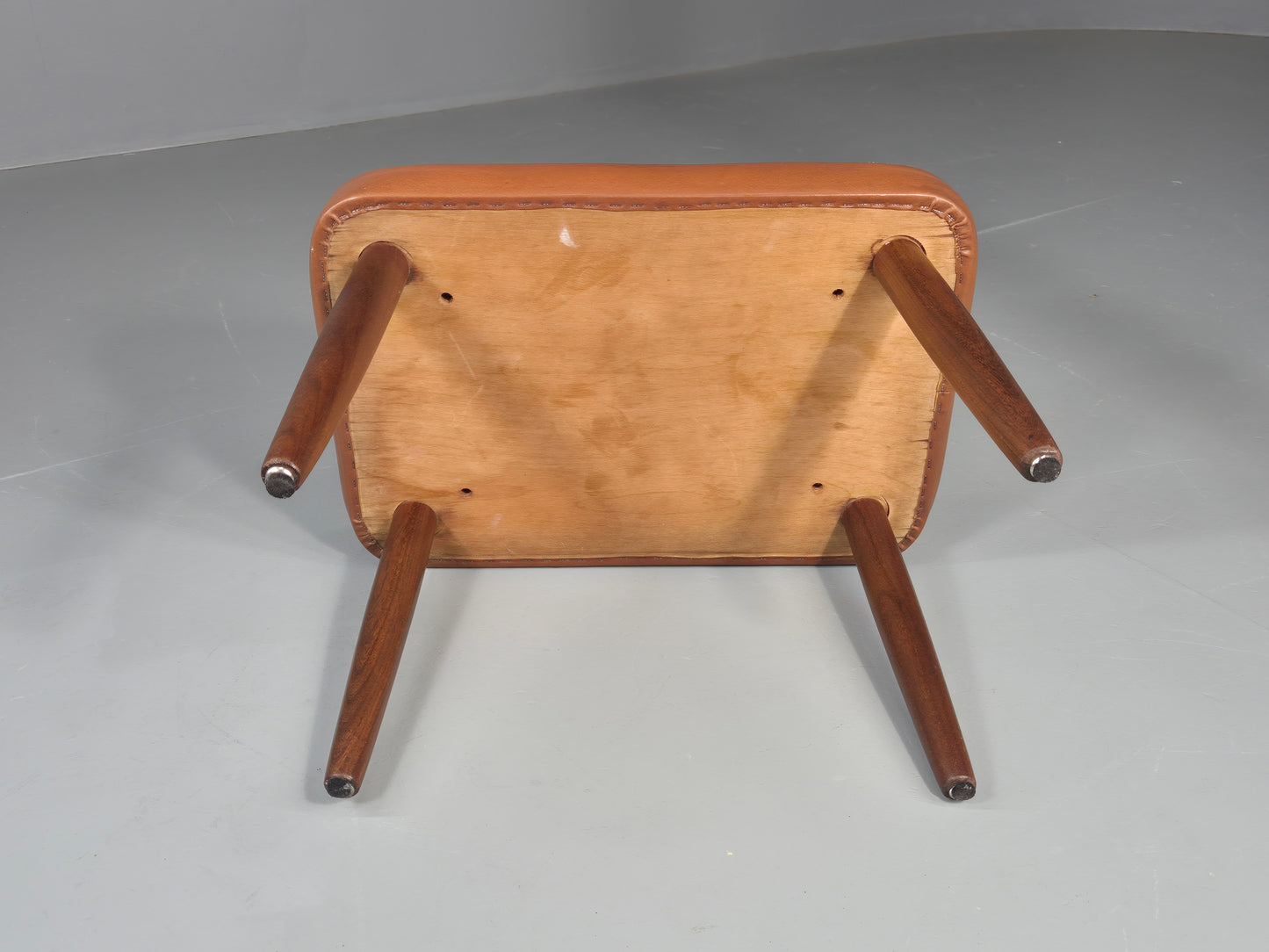 Vintage Danish Mid Century Footstool Teak Legs Brown Vinyl  1960s Retro EB12023