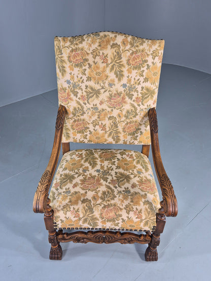 Vintage Baroque Style Armchair Carved Oak Frame 1950s Danish Antique EB12700