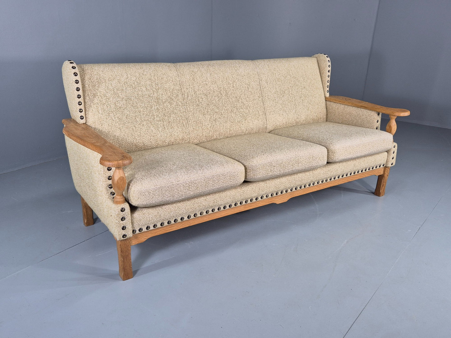 Vintage 3 Seat Sofa Danish 1970s Oak Frame Cream Wool Cloth Retro  EB12753
