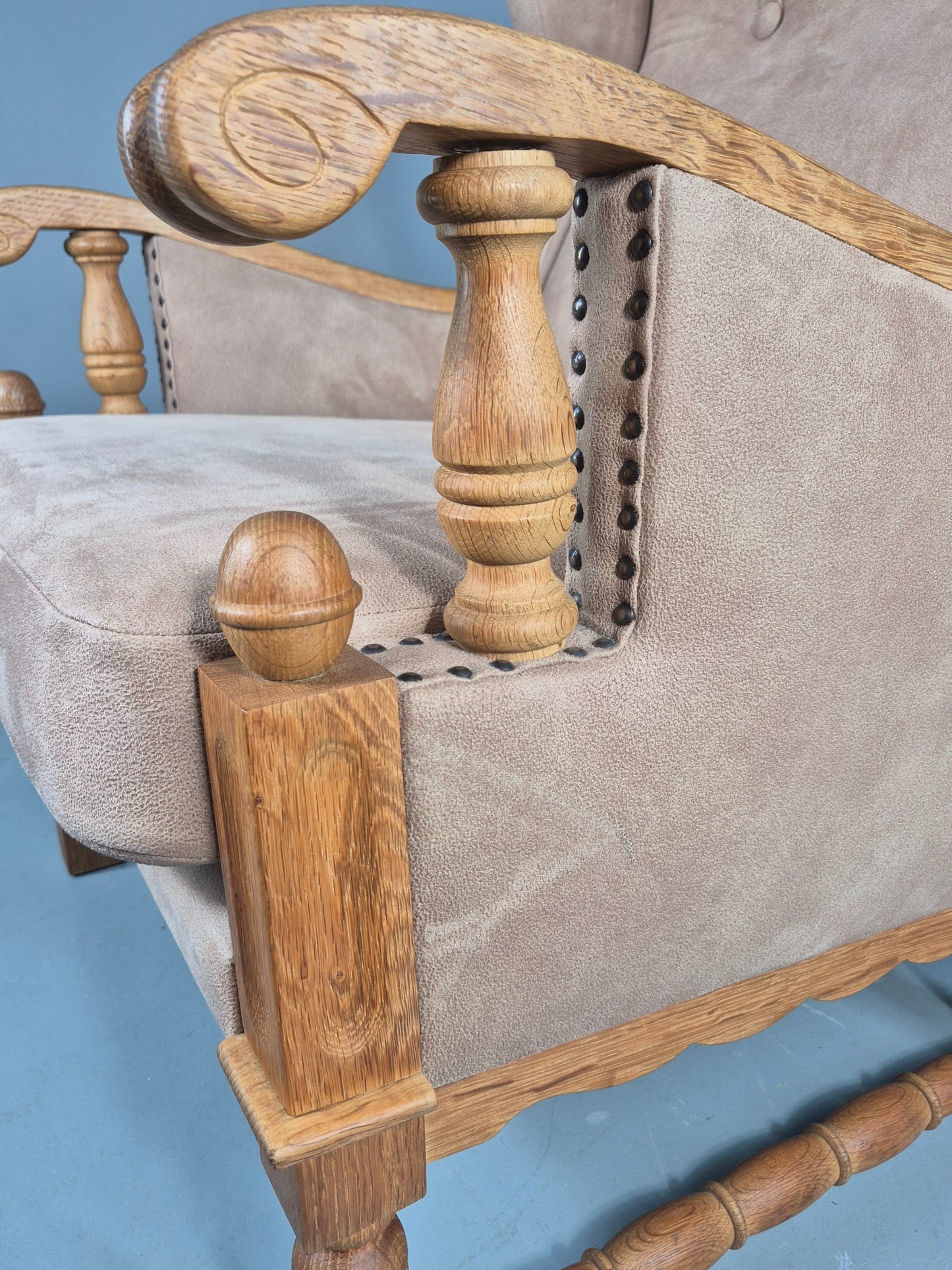 Vintage Wing Back Lounge Chair 1970s Danish Faux Suede on Oak Frame EB12774