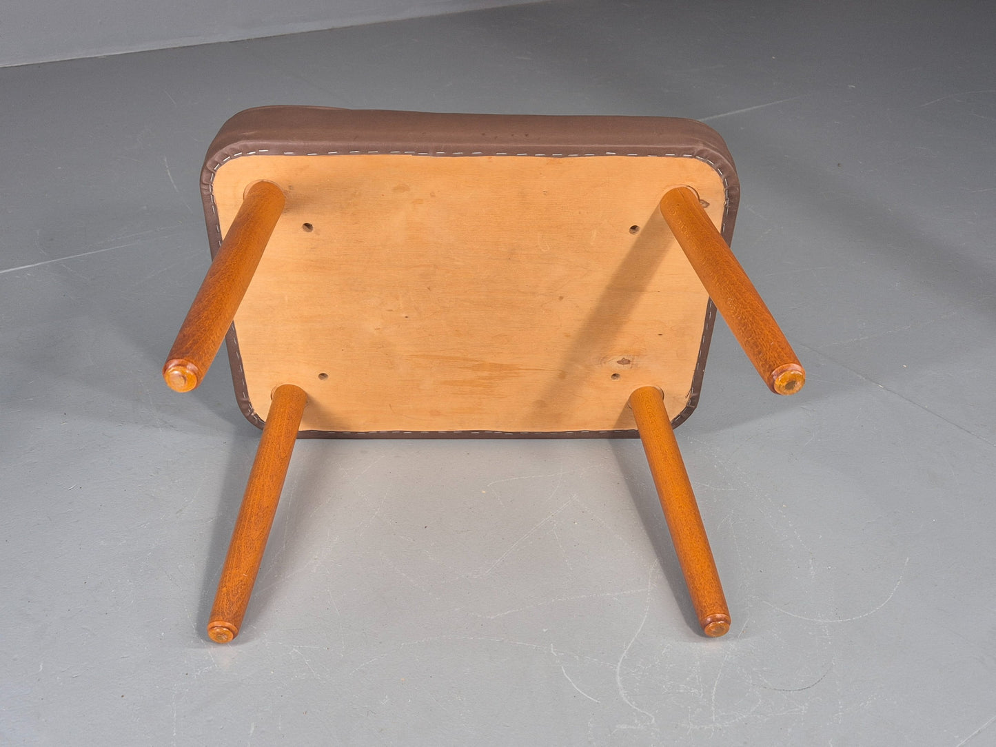 Vintage Danish Mid Century Footstool Brown Vinyl Beech Legs Retro 1960s EB12090
