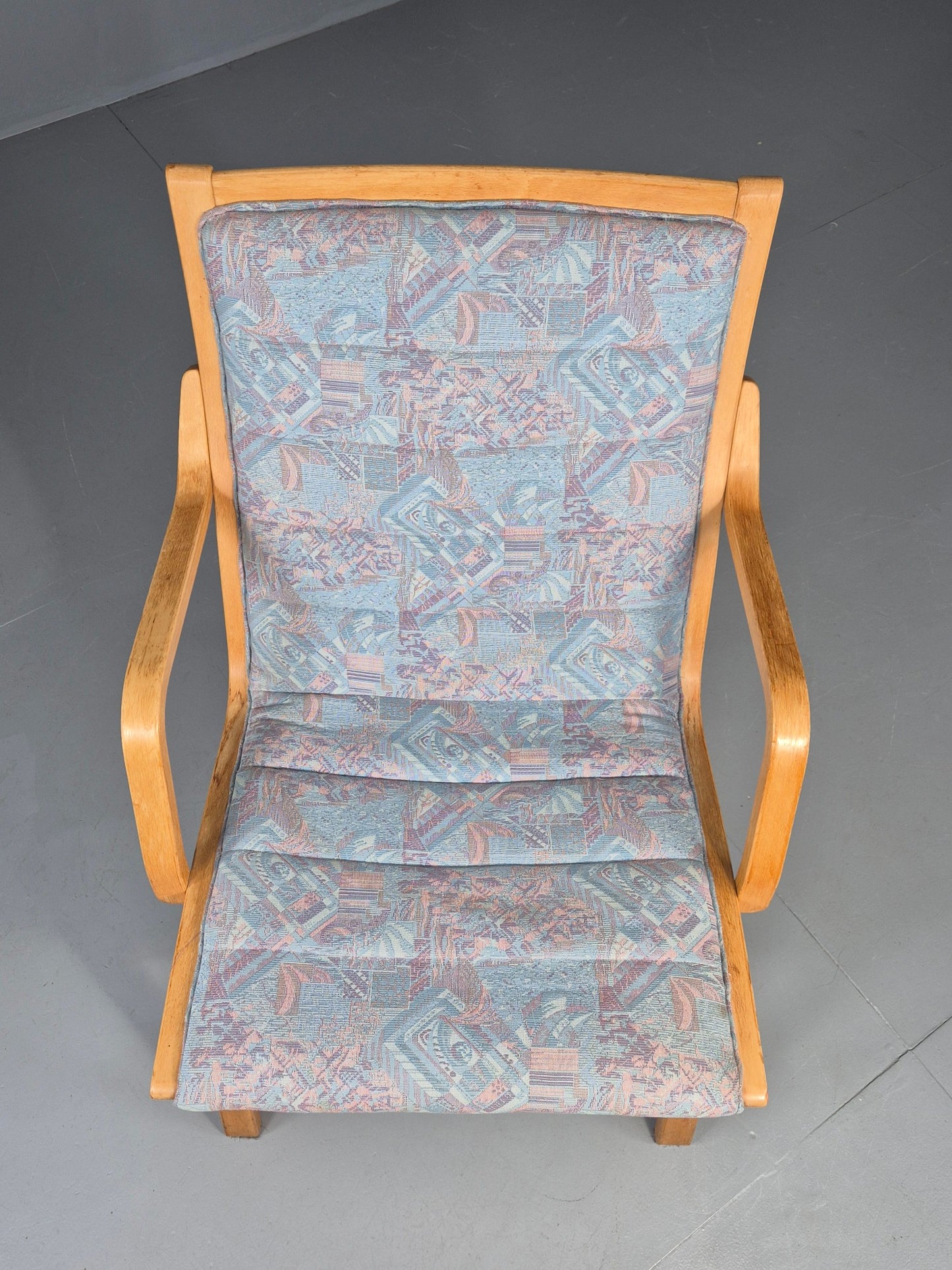 Vintage Mid Century Danish Bentwood Chair Blue Abstract 1980s Retro EB12107