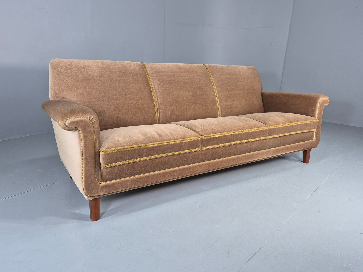 Vintage 3 Seater Sofa Mid Century Danish Green Velour Upholstery 1960s  EB12759