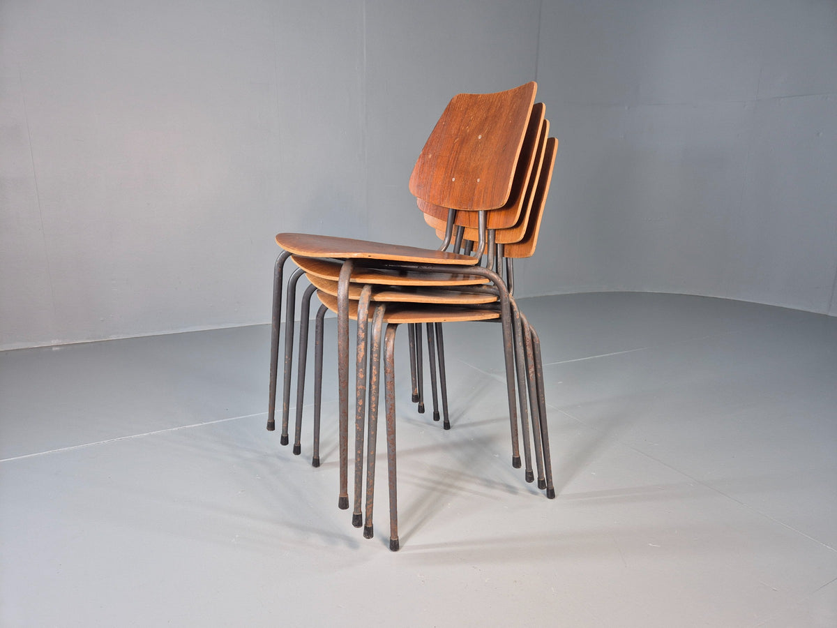 4 Vintage Danish Industrial Steel and Ply Stacking Chair 1960s Retro EB12655