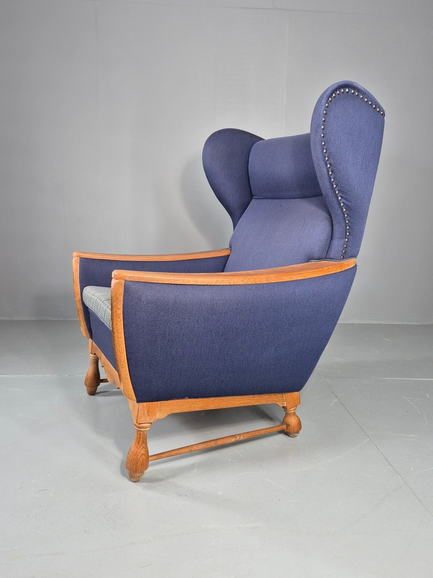 Vintage Danish Lounge Wing Chair Oak Frame Blue Wool 1970s  Retro MCM EB12771