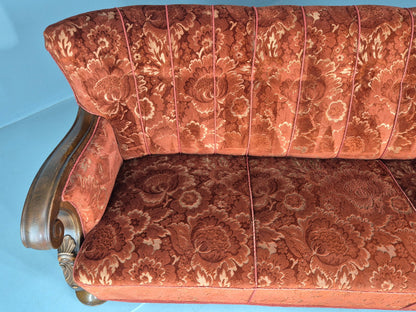 Vintage 3 Seat Sofa Danish Art Deco Era Carved Oak Frame Moquette Cloth EB12751