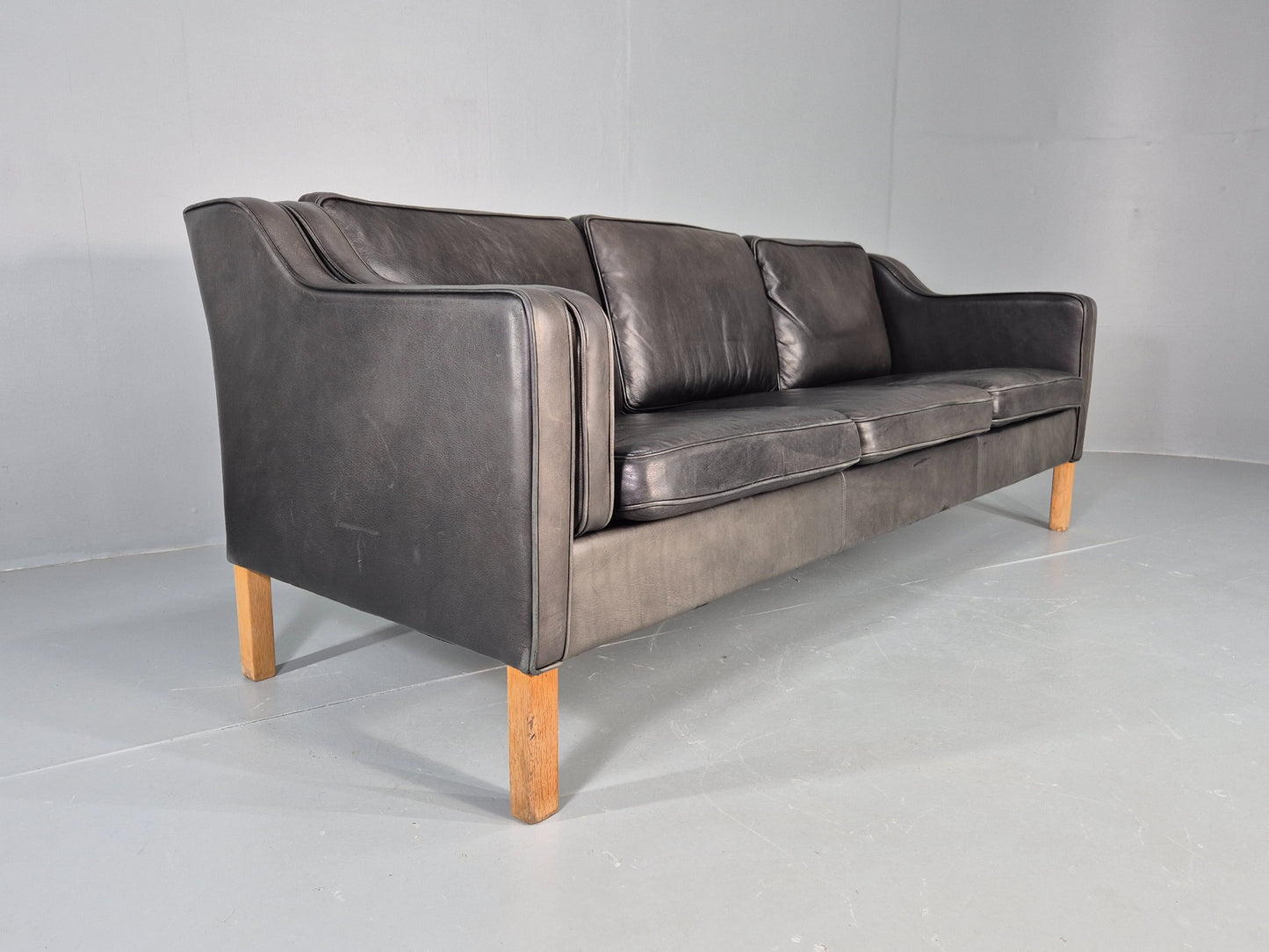Vintage 3 Seat Sofa Danish 1970s Retro Black Leather Mid Century Modern EB12425