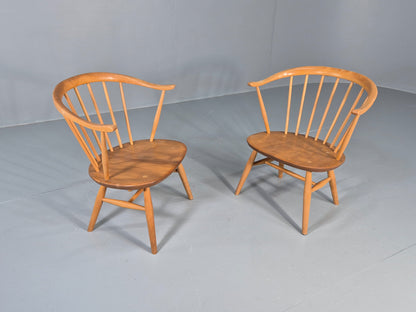 2 Ercol Cowhorn Elbow Chairs Blonde Wood 1960s Short Legged Retro MCM EB12459