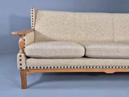 Vintage 3 Seat Sofa Danish 1970s Oak Frame Cream Wool Cloth Retro  EB12753