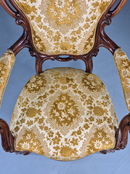 Antique Baroque Revival Arm Chair Carved Frame Gold Moquette Upholstery EB12740