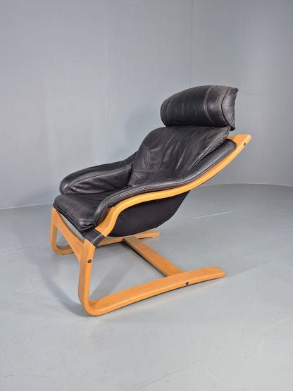 Vintage 1970s Leather Lounge Chair Bentwood Frame Danish Retro MCM EB08277
