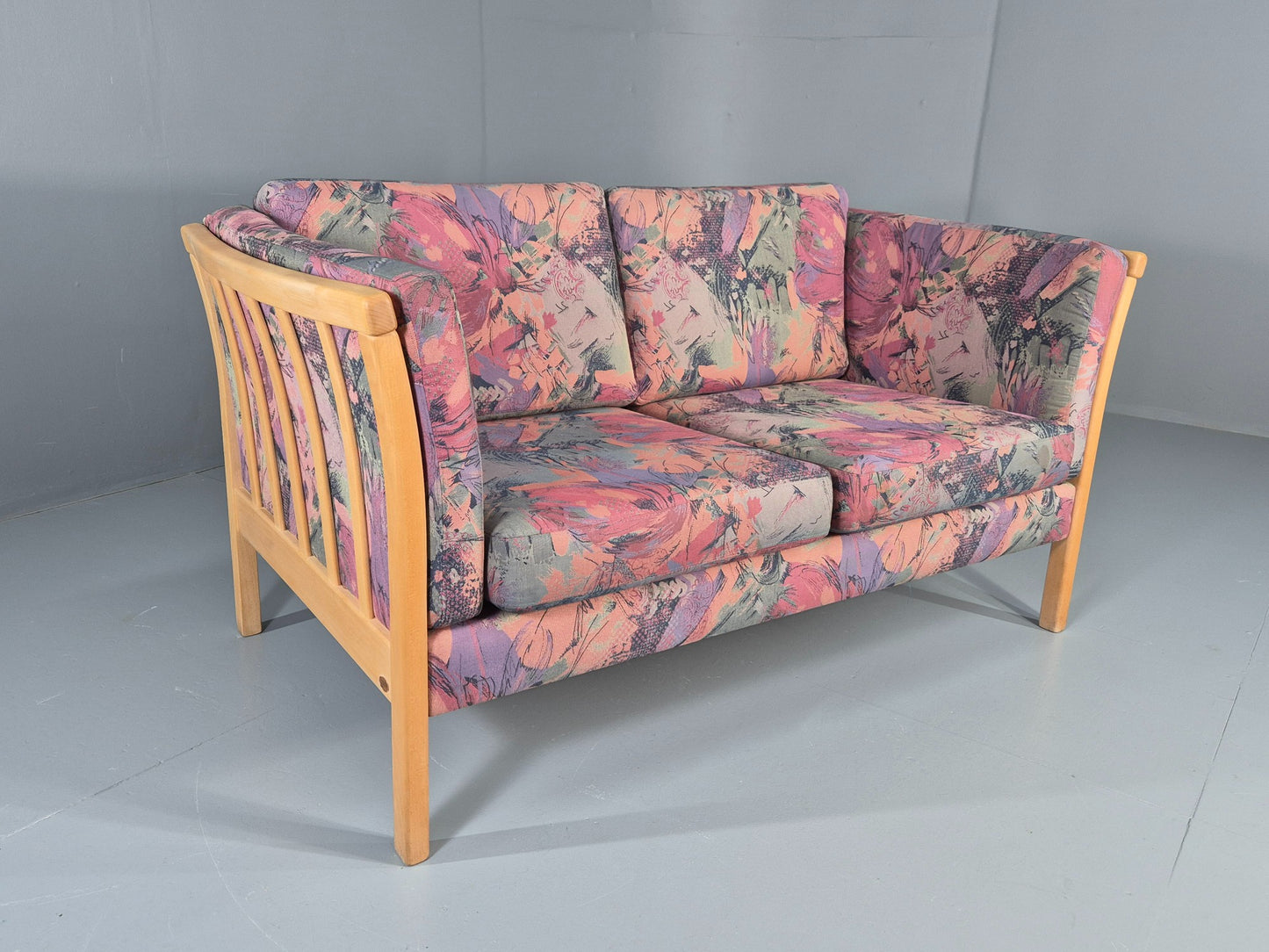 Vintage Stouby 2 Seater Sofa Floral Cotton Print 1980s Retro Beech Ends EB12448