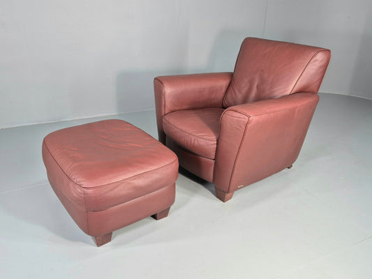 Vintage Natuzzi Chair and Footstool Leather Art Deco Club Style Modern EB12487