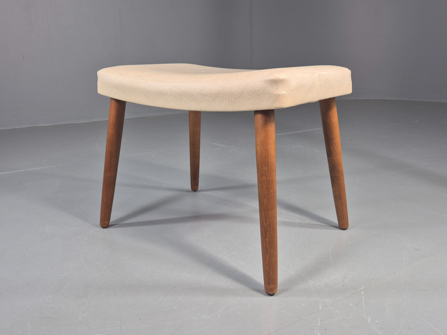 Vintage Mid Century Footstool Danish Cream Vinyl Beech Legs 1960s Retro 12052