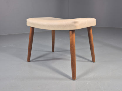 Vintage Mid Century Footstool Danish Cream Vinyl Beech Legs 1960s Retro 12052