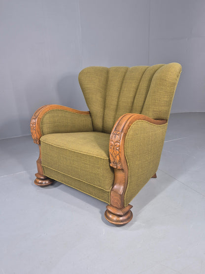 Vintage Art Deco Lounge Chair Danish Oak Shell Back 1940s Retro Green EB12693