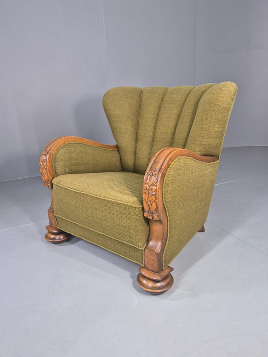 Vintage Art Deco Lounge Chair Danish Oak Shell Back 1940s Retro Green EB12693