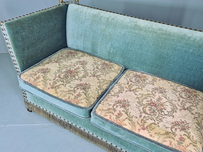 Vintage Danish Knole Sofa 2 Seater Blue Velour Floral Cream Cushions EB12748