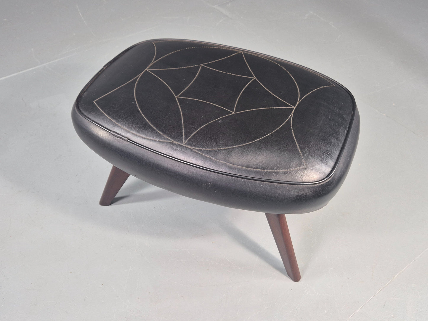 Vintage Danish Mid Century Footstool Black Vinyl Teak Legs 1960s Retro EB12048